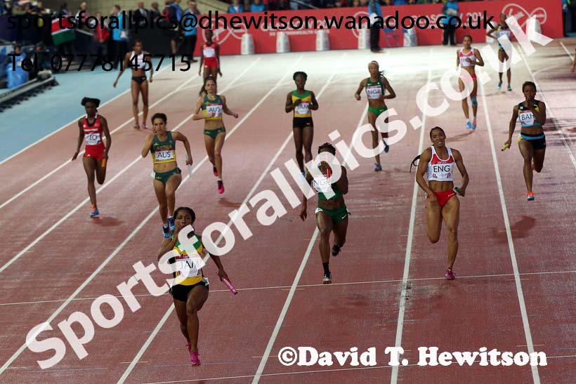 Jamaica win the 4 x 100 metres relay at the Commonwealth Games, Glasgow. Photo: David T. Hewitson/Sports for All Pics